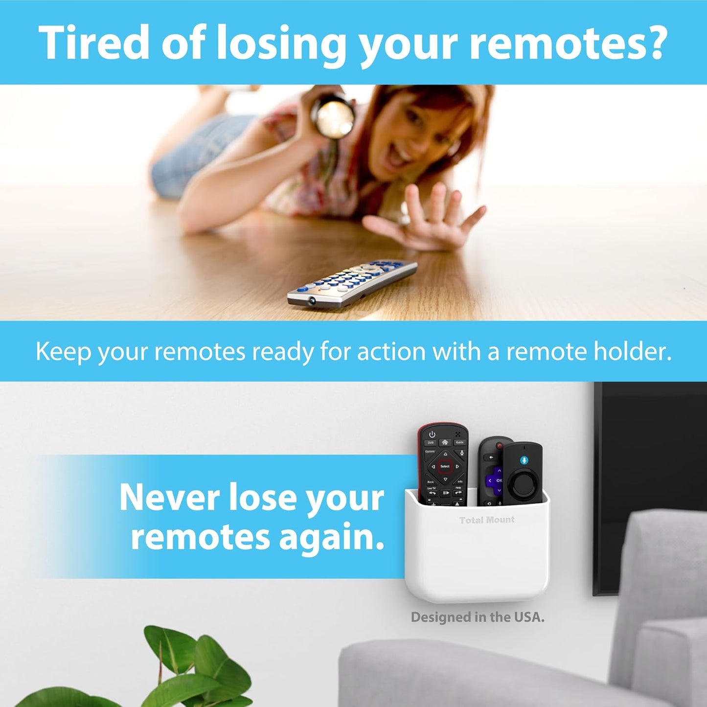 TotalMount Hole-Free Remote Holders – Eliminate Need to Drill Holes in Your Wall (for 2 or 3 Remote Controls – White – Quantity 2)