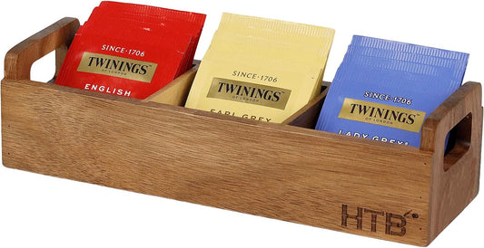 HTB Small Tea Bag Box Wooden, 3 Compartments Acacia Wood Tea Bag Chest with Handle, Mini Countertop Divided Storage Container for Beverage Supplies, Sugar, Sweeteners, Individual Packets