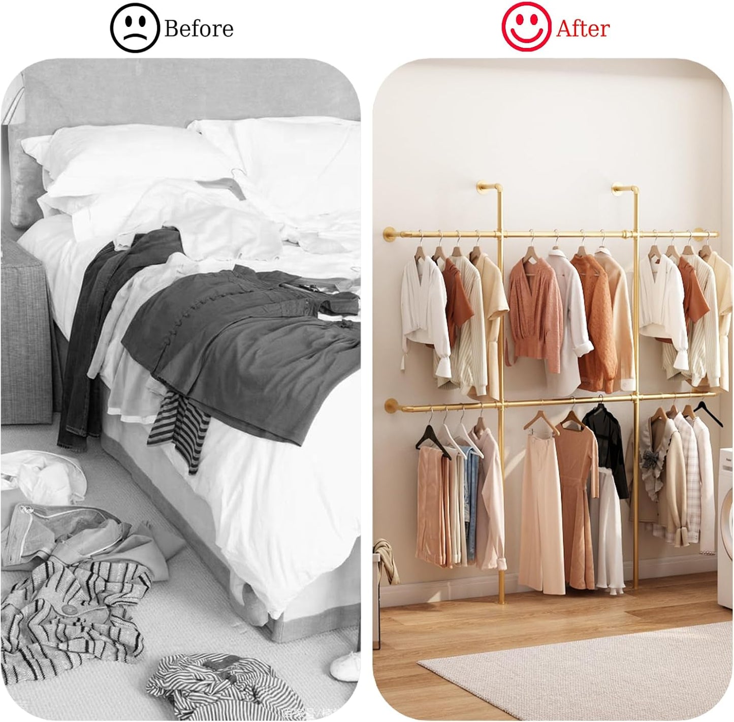 Gold Pipe Clothing Rack Wall Mounted, Industrial Pipe Clothes Racks with 6 Hanging Rods, Heavy Duty Clothing Racks for Laundry Room, Closet Systems for Walk in Closets