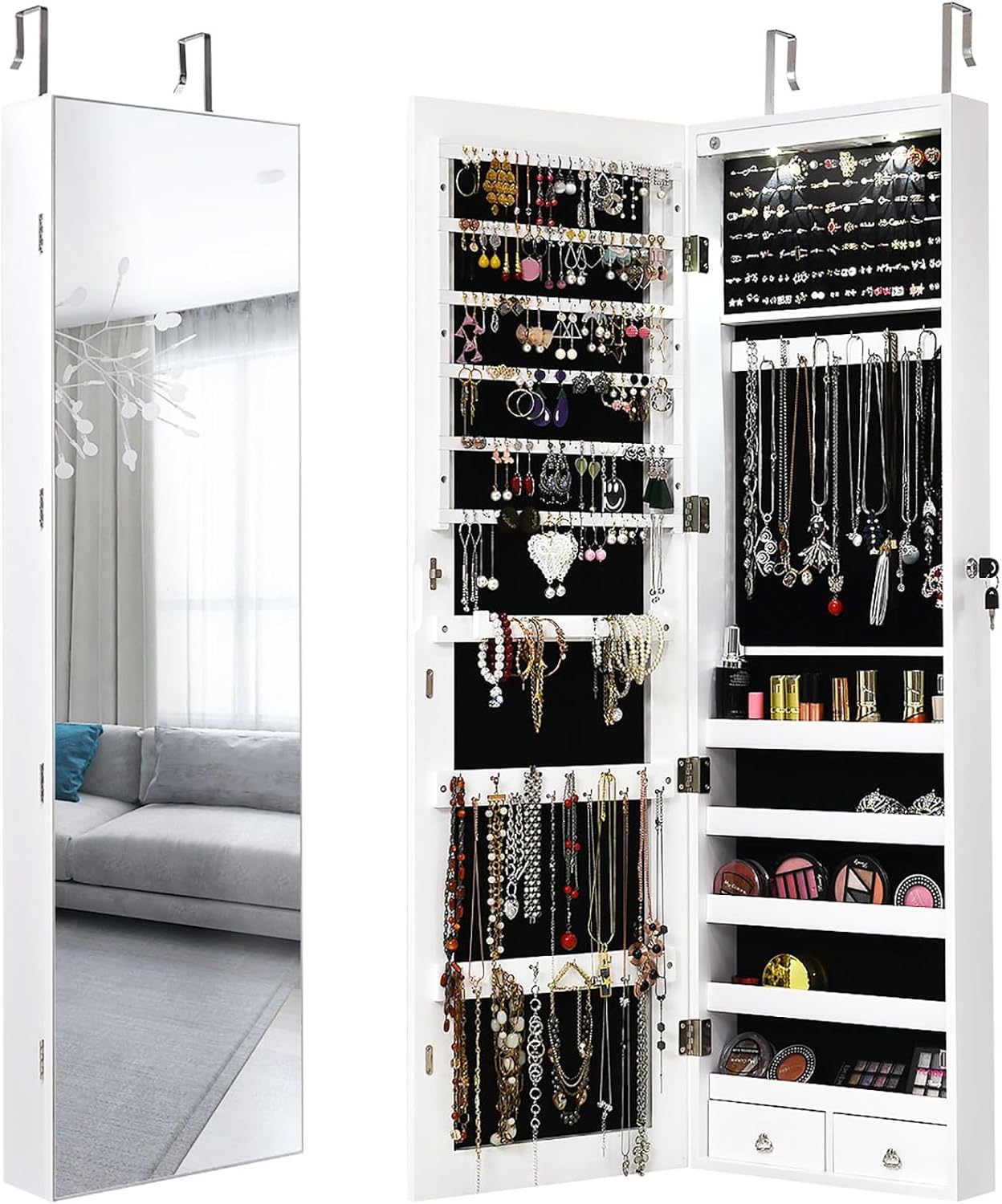 Giantex Wall Door Mounted Jewelry Armoire Cabinet with 47.5" Full Length Mirror, 2 LEDs Lockable Jewelry Organizers and Storage with 2 Drawers, Over the Door Jewelry Organizer Cabinet (White)