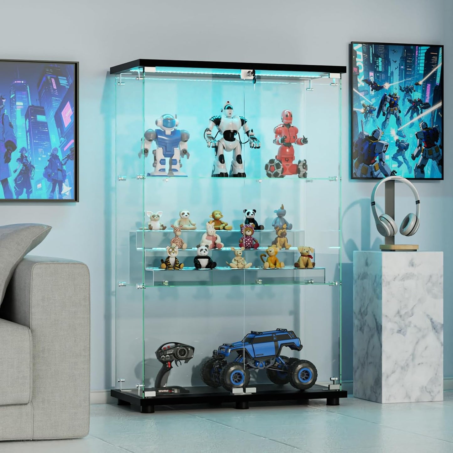 VINGLI Glass Display Cabinet with 3 Shelves, Double Doors and Lock, Floor Standing Curio Cabinets with LED Light, Upgraded Tempered Glass Bookshelf, for Living Room Living Room Bedroom Office, Black
