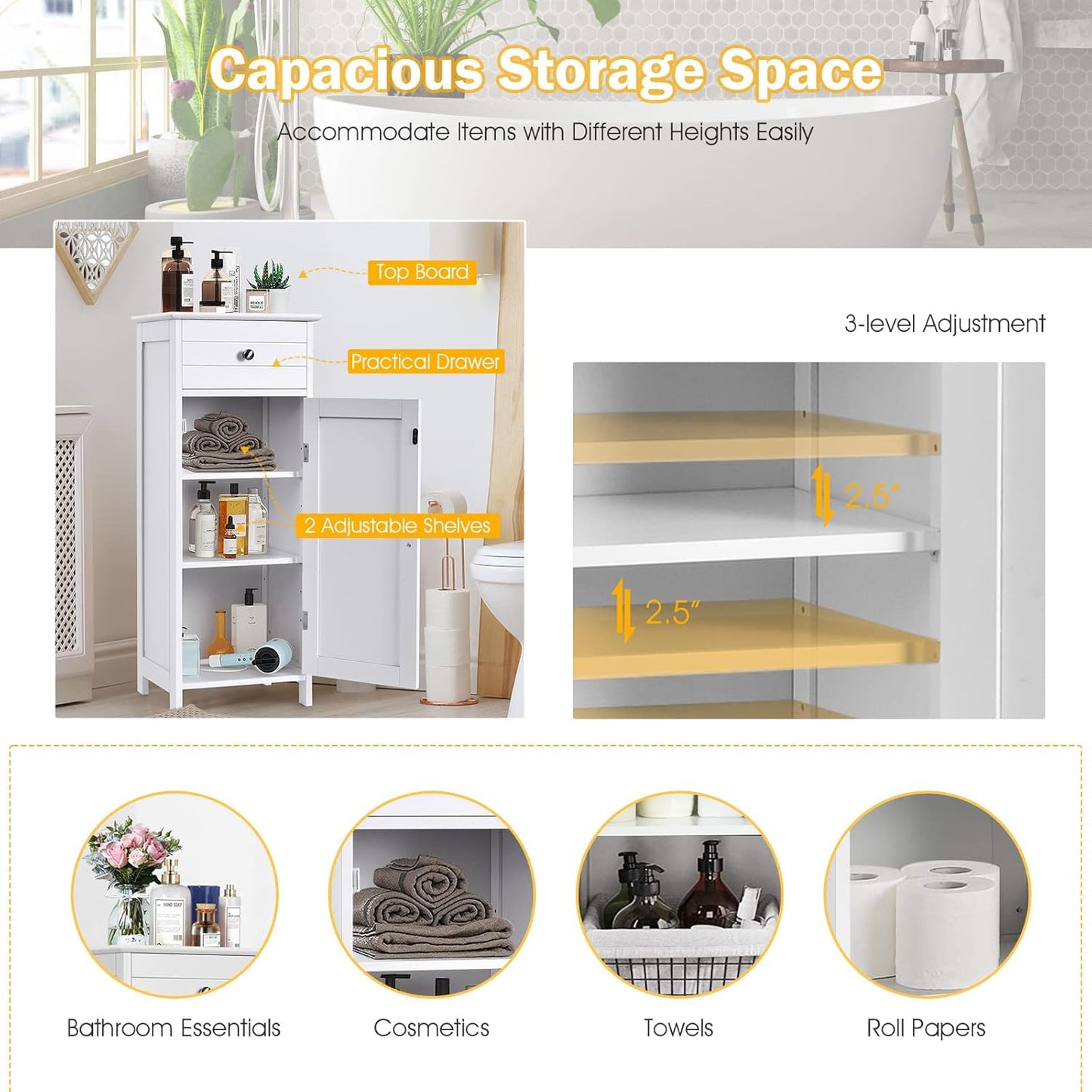 HAPPYGRILL Small Bathroom Storage Cabinet,Single Door Narrow Storage Cabinet Organizer w/Drawer & 3-Level Adjustable Shelves,Bathroom Cabinets Freestanding w/Anti-Tipping Device for Living Room Toilet