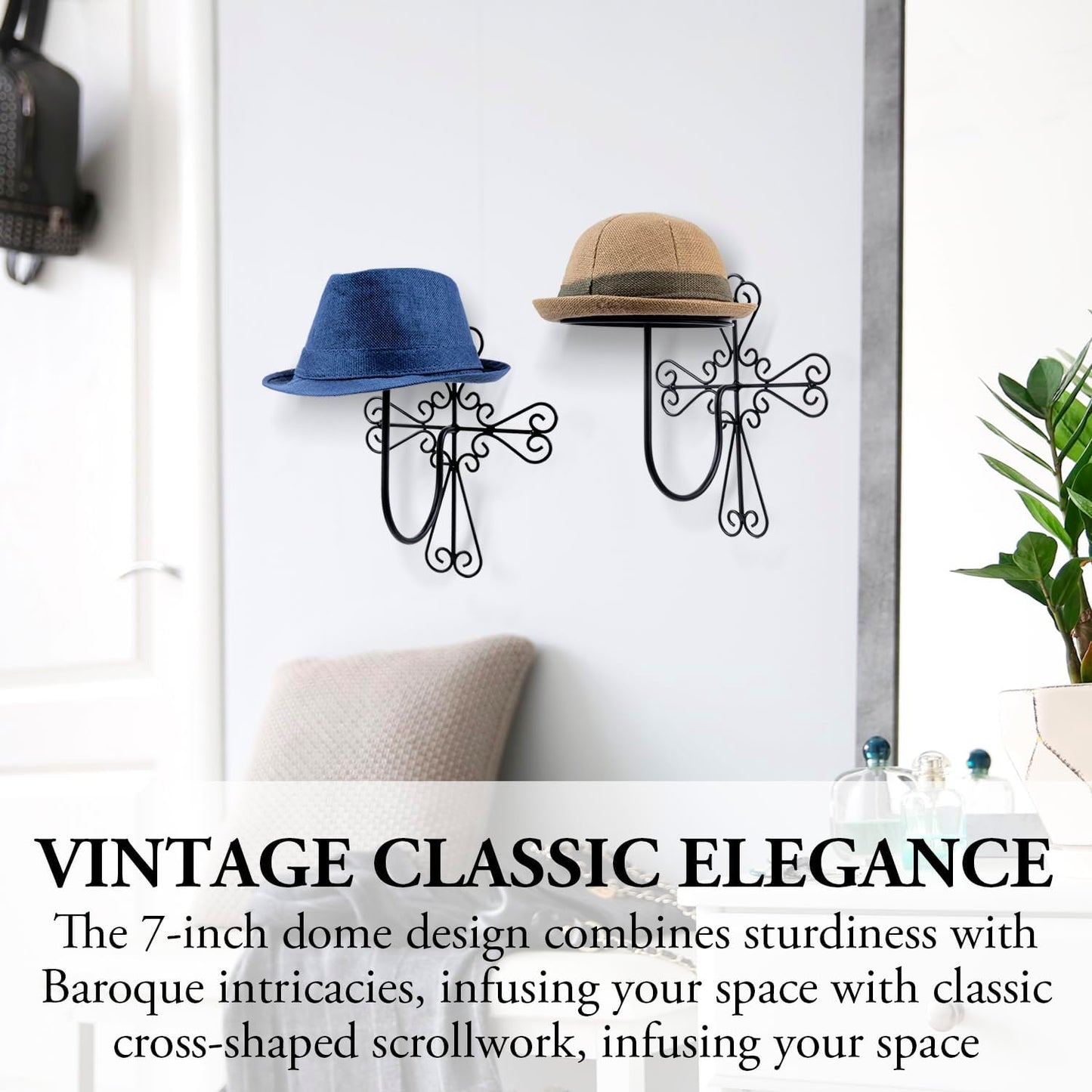 MyGift 2 Pcs Vintage Hat Holder Rack Wall Mount, Helmet and Large Brim Hat Holder, Hanging Black Metal Wig Display Dome, Scrollwork Cross Style
