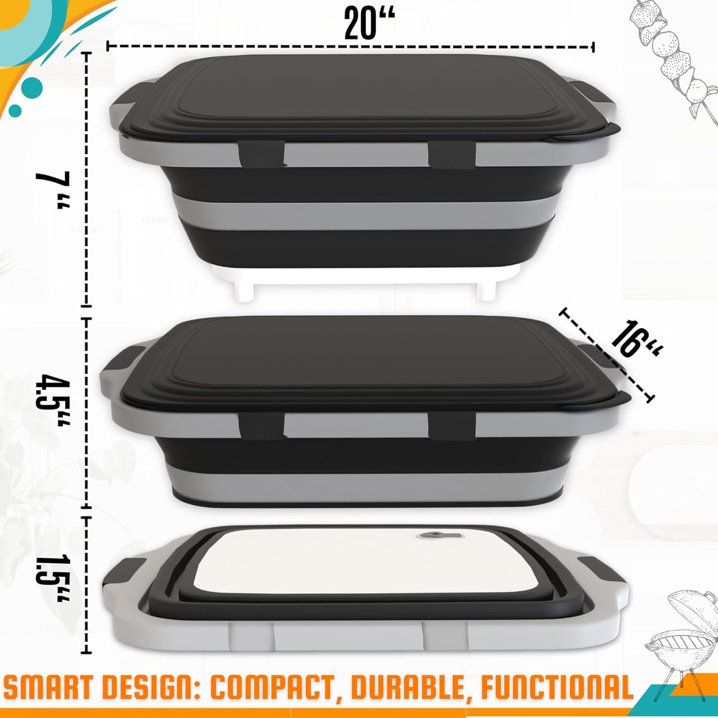MAYALEAD BBQ Prep Tub with 2 Pcs Meat Shredder Claws, Collapsible Cutting Board, Cutting Board with Locking Lids, Drip Easy BBQ Prep Tub with lid-XL Size (Black)