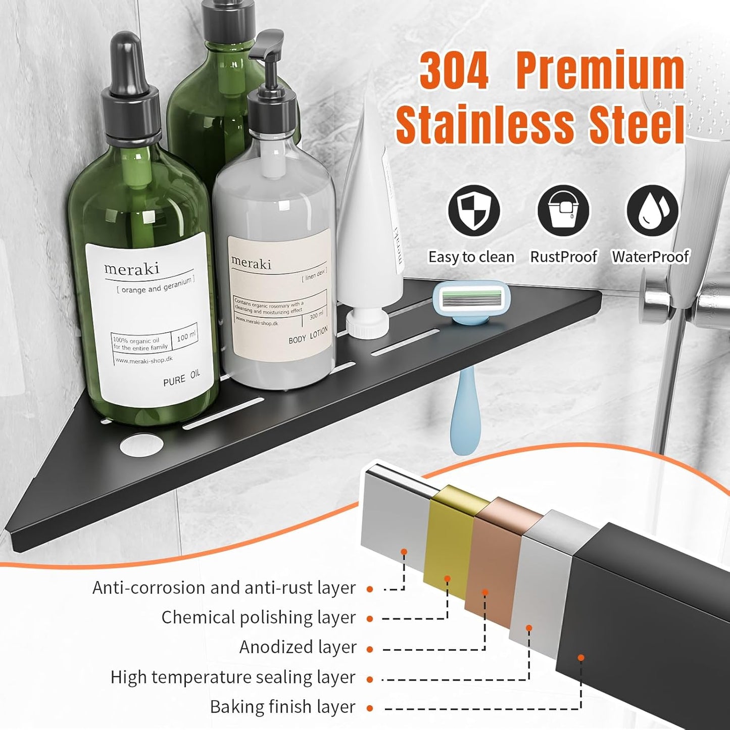 Corner Shower Shelf with Razor Hole, Modern Sturdy Shower Caddy, 10" 304 Stainless Steel Shower Organizers Bathroom Shelf for Tile Wall, No Drilling Grout Mount Shelf for Shower,Bathroom Accessories