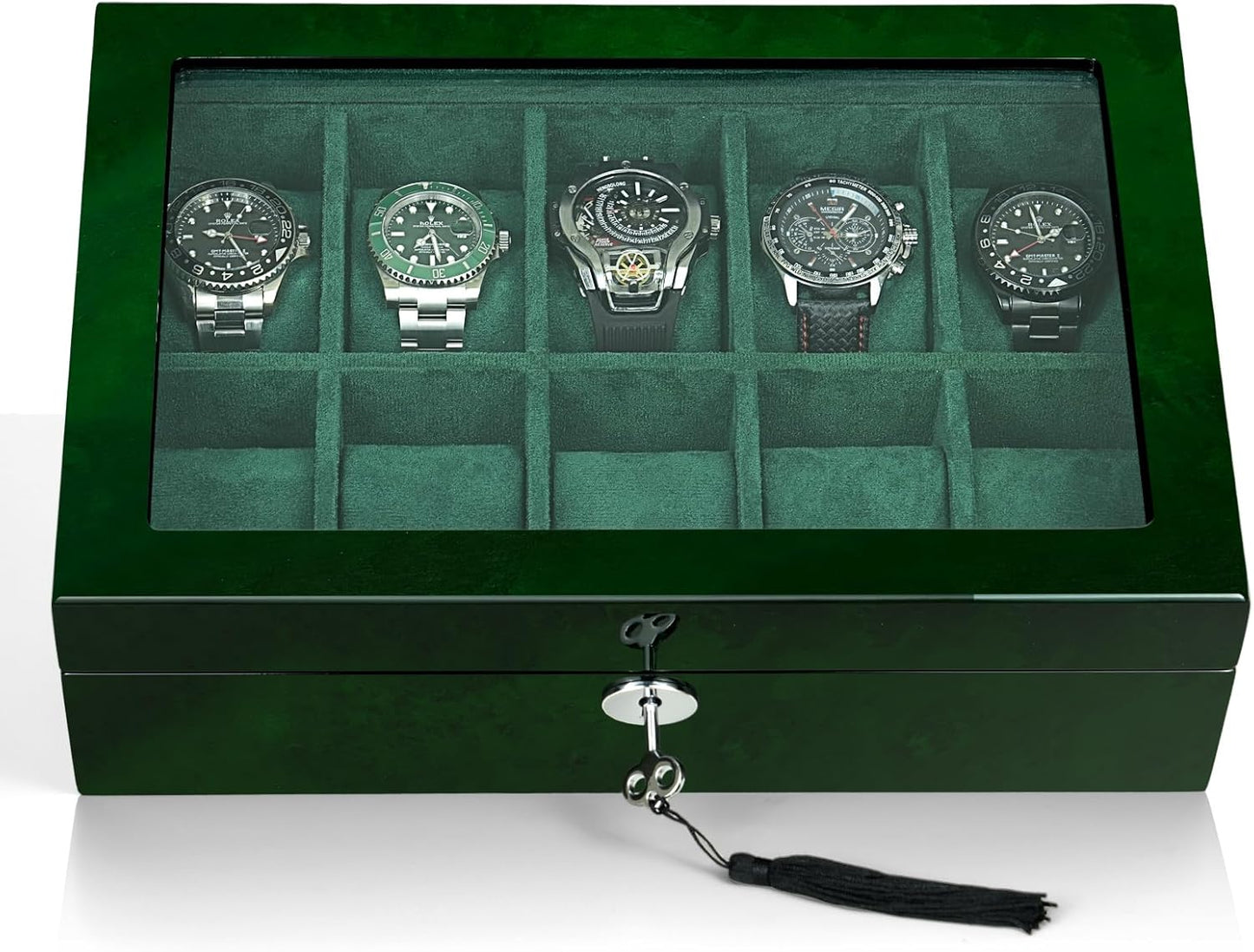 Watch Box for Men 10 Watches Storage Organizer Case, Smart Watch Display, Green Wood with Soft Suede Interior, Large Glass Window, Gift for Women and Man (10W-GR)