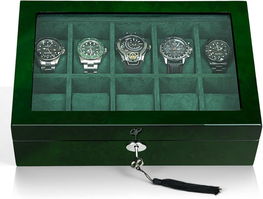 Watch Box for Men 10 Watches Storage Organizer Case, Smart Watch Display, Green Wood with Soft Suede Interior, Large Glass Window, Gift for Women and Man (10W-GR)