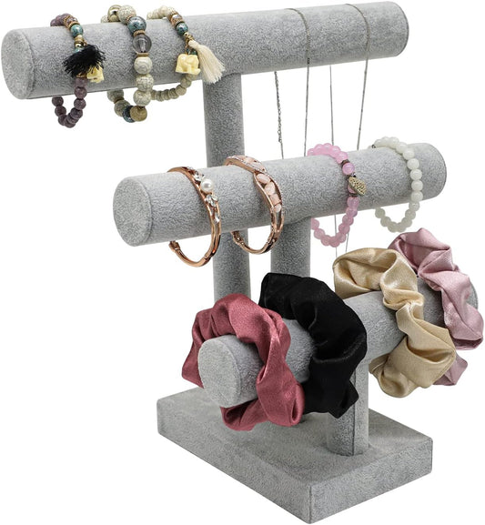 Wudygirl Ice Velvet Bracelet Display Stand with 3 Tier T-Bar Removable Bangle Holder Organizer for Bracelet Necklace Watch Hair Ties(Ice Velvet)