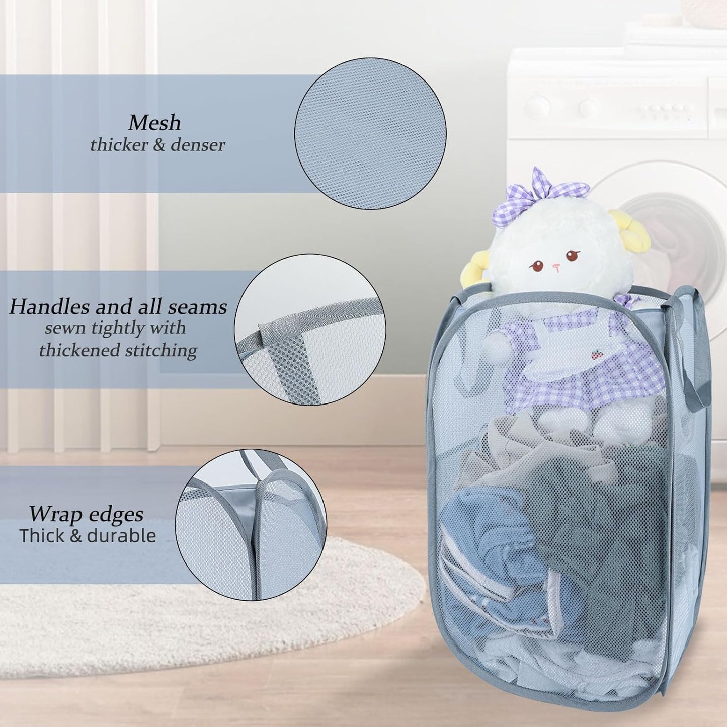 Upgraded 100L Extra Large Collapsible Laundry Hampers. Pop Up Laundry Basket Mesh with Pocket, Fold Compact, Large Hold Portable Travel Laundry Bag for Dorm Storage Bin, Grey. V