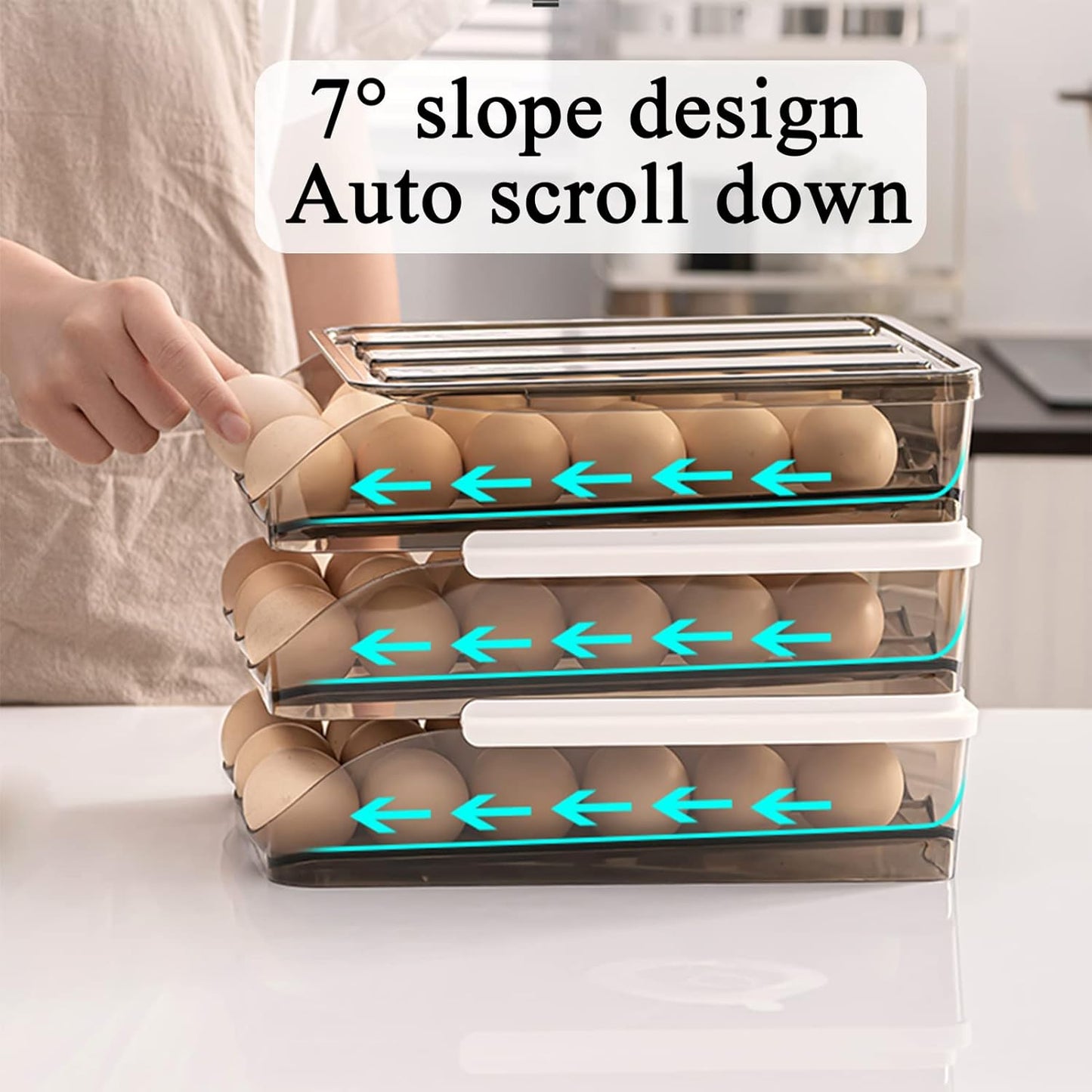 Egg Holder for Refrigerator Auto Scrolling Organizer Plastic Stackable Storage Container Reusable Clear Tray Box Basket Bin Lid Drawer Carrier Keeper(2 Layer)