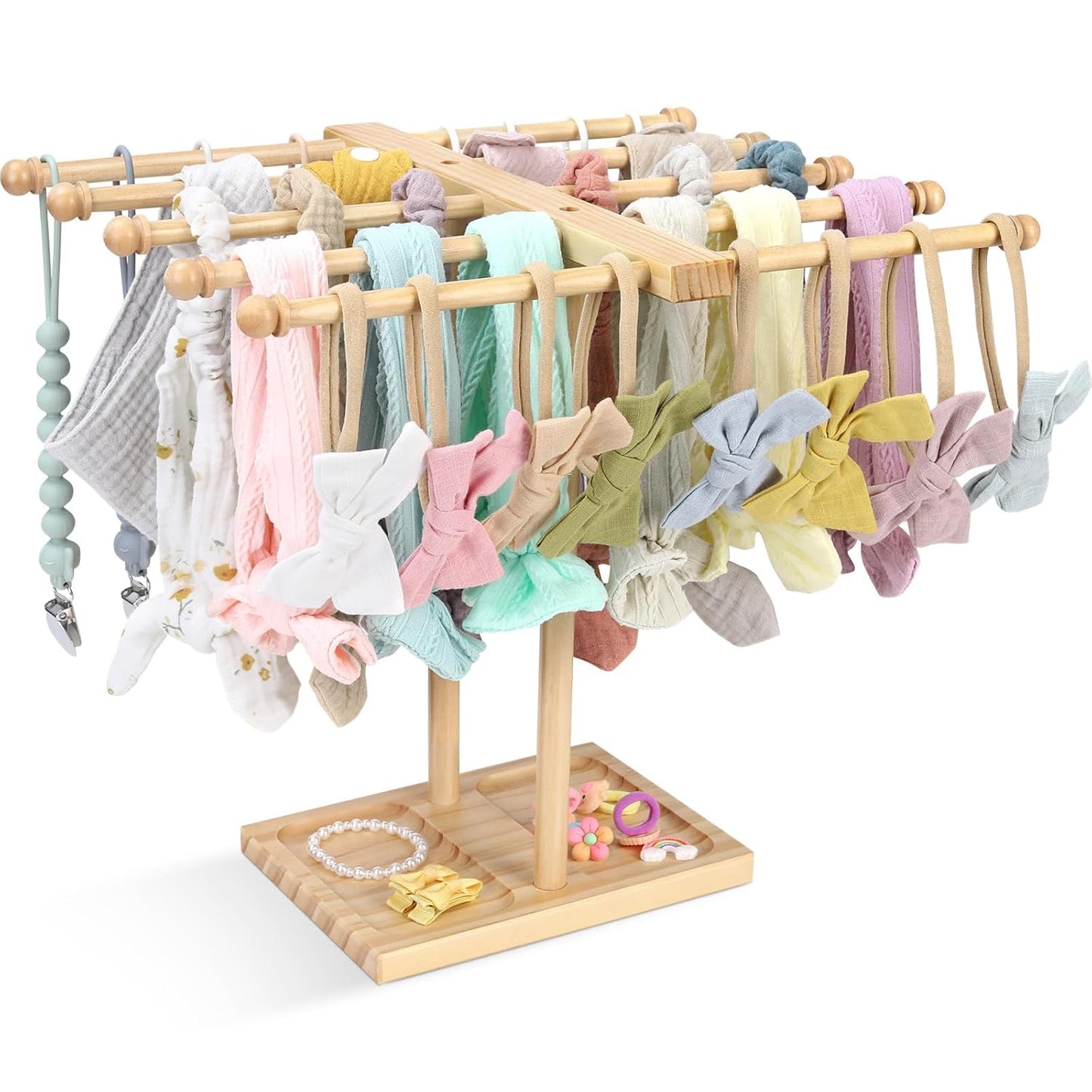 POVETIRE Headband Holder Stand Bow Organizer for Girls, 5 Row Wooden Bow Holder for Girls Hair Bows,Baby Headband Storage Infant Hair Accessories Rack Display for Nursery Decor