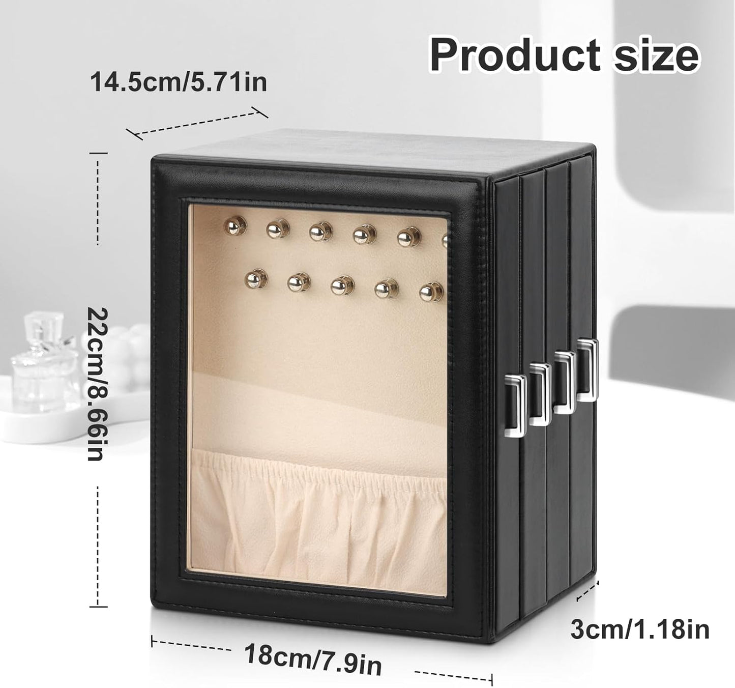 DesignSter Jewelry Box Organizer, Jewelry Box for Women, PU Jewelry Organizer Display Case with Side Drawers, Jewelry Storage for Earring Necklace Ring Bracelet Watch