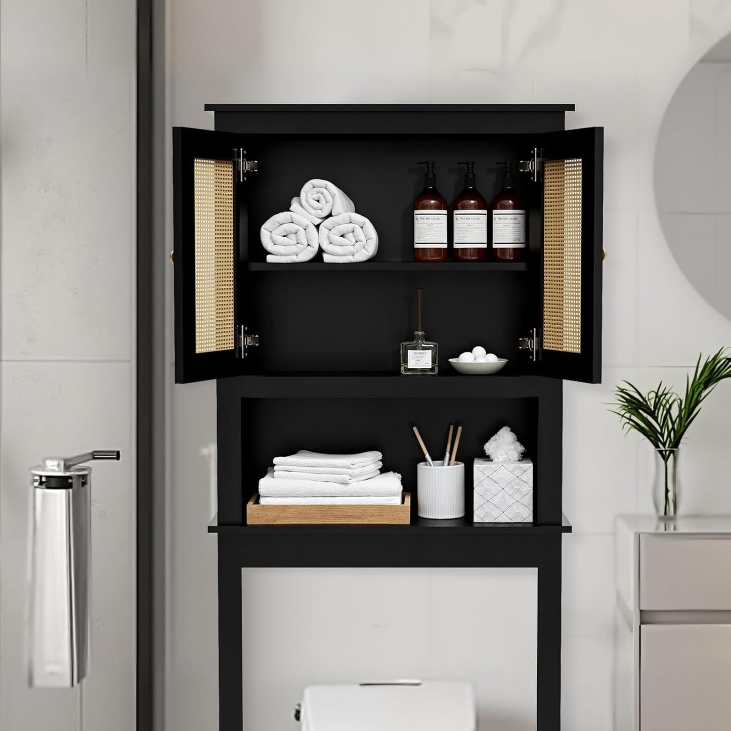 Over The Toilet Storage Cabinet, Behind Toilet Bathroom Organizer with Adjustable Shelves, Wooden Above Toilet Storage Shelf, Space Saver for Restroom, Bathroom, Laundry