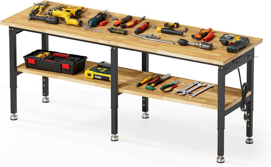 84” Adjustable Work Bench, 2-Layer Heavy Duty Workbench, 6000 LBS Capacity Workbench with Pegboard & Power Outlet, Rubber Wood Work Table for Garage, Office, Workshop, Home