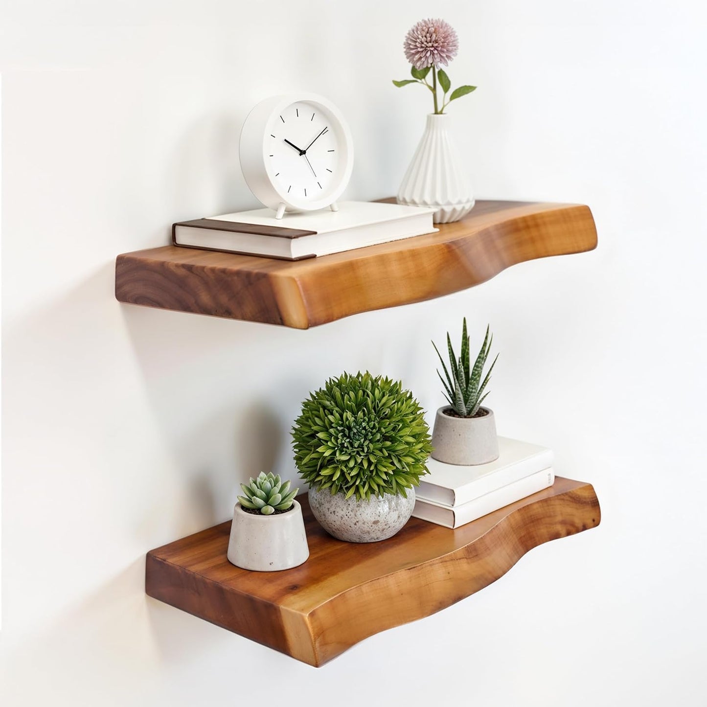Solid Wood Floating Shelves Set of 2 - Handcrafted with Authentic Live Edge Design for Natural Wall Display - 15.7" Rustic Wooden Shelving for Bathroom Kitchen Bedroom
