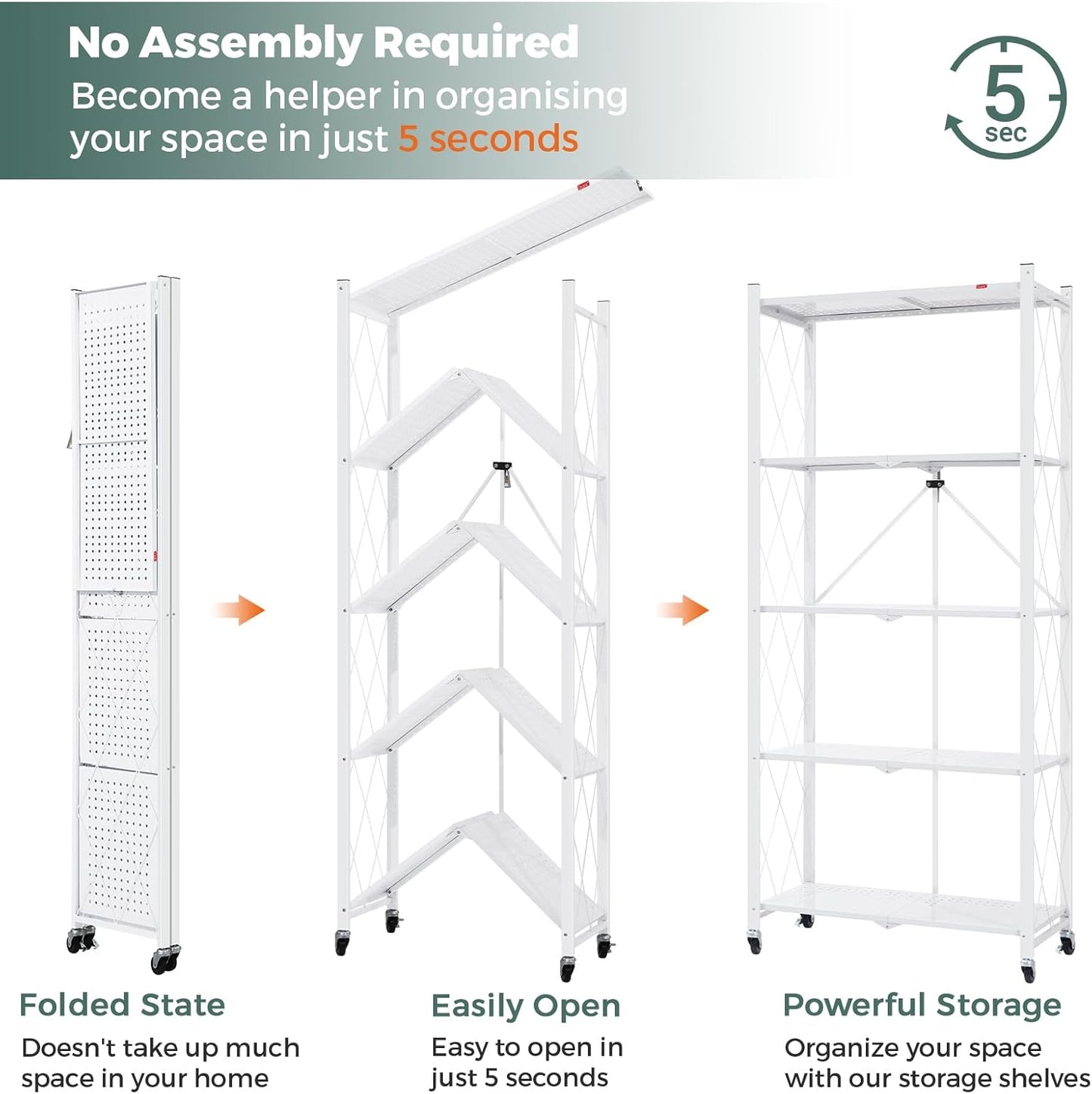 DEANIC 5 Tier Foldable Storage Shelves with Wheels, Large Capacity Shelving Unit, Freestanding Metal Wire Shelf Rack, No Assembly Organizer Rack for Garage Kitchen, Basement, Pantry(White Pack of 2)