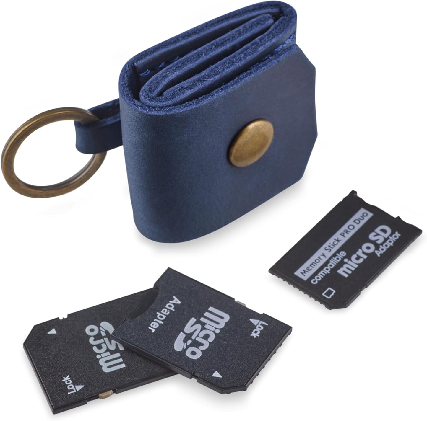 Leather SD Card Holder Keychain, SD Card Case Key Fob, Micro SD Card Holder Organizer, SD Card Storage Case, Memory Card Case Cover, Travel Memory Card Case (Blue)