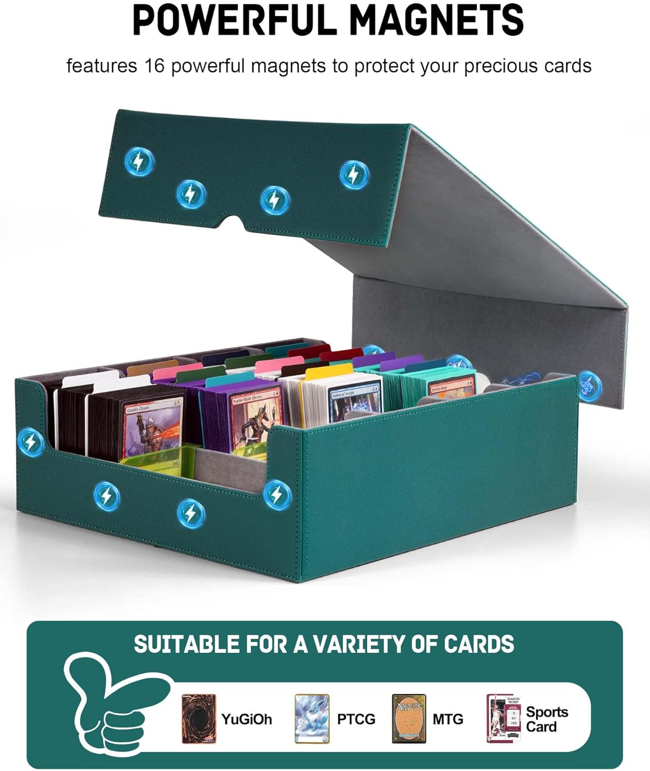 ZLCA Card Storage Box for MTG PTCG, Commander Deck Box Holds 3200+ Cards, Trading Card Storage Case with 4 Stoppers, Card Organizer for TCG Sport Cards(Green)