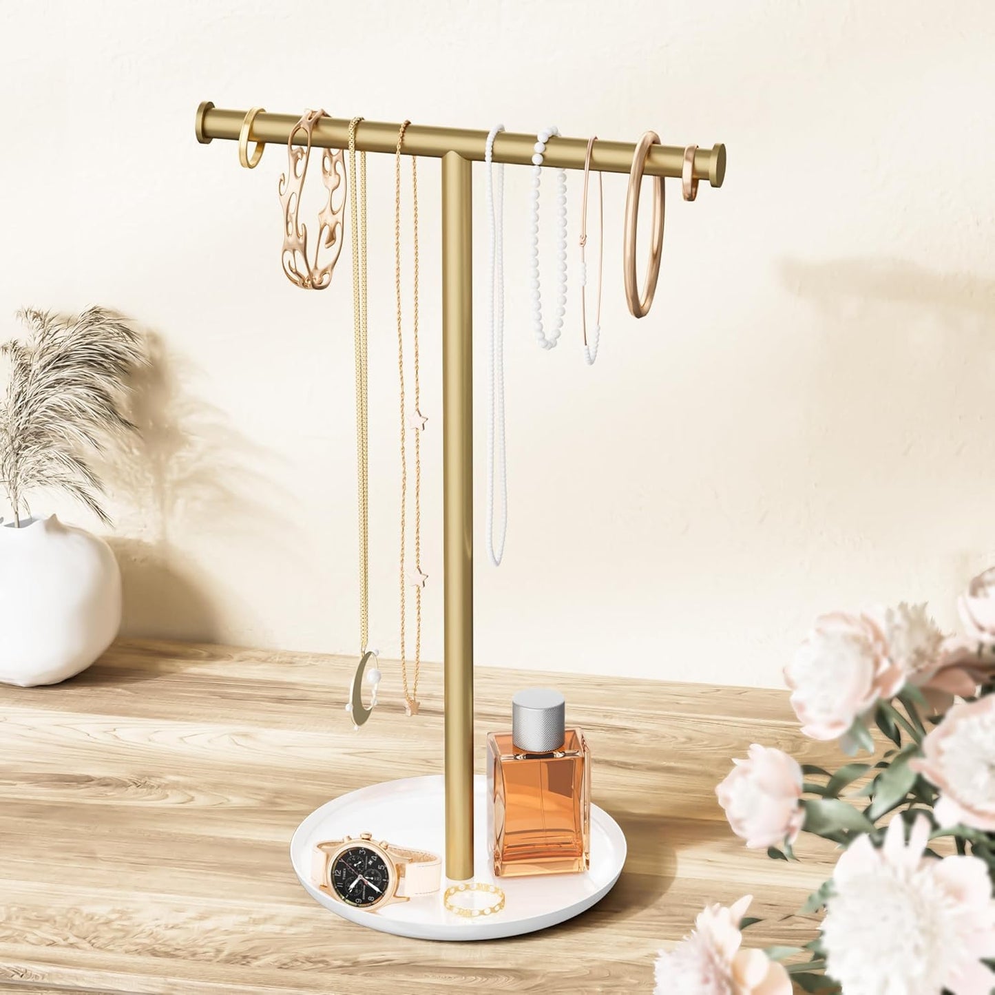 Gold Necklace Organizer Stand with Storage Tray - 12.6" Tall T-Shaped Jewelry Holder Stand for Bracelets, Earrings, Rings | Stylish Home & Vanity Décor for Women.