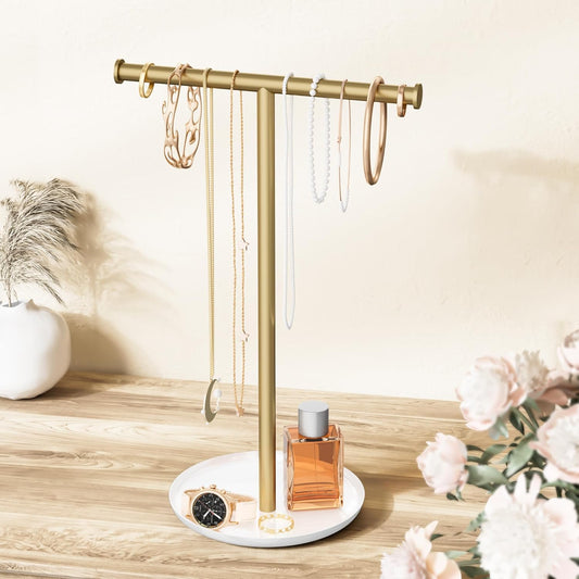 Gold Necklace Organizer Stand with Storage Tray - 12.6" Tall T-Shaped Jewelry Holder Stand for Bracelets, Earrings, Rings | Stylish Home & Vanity Décor for Women.