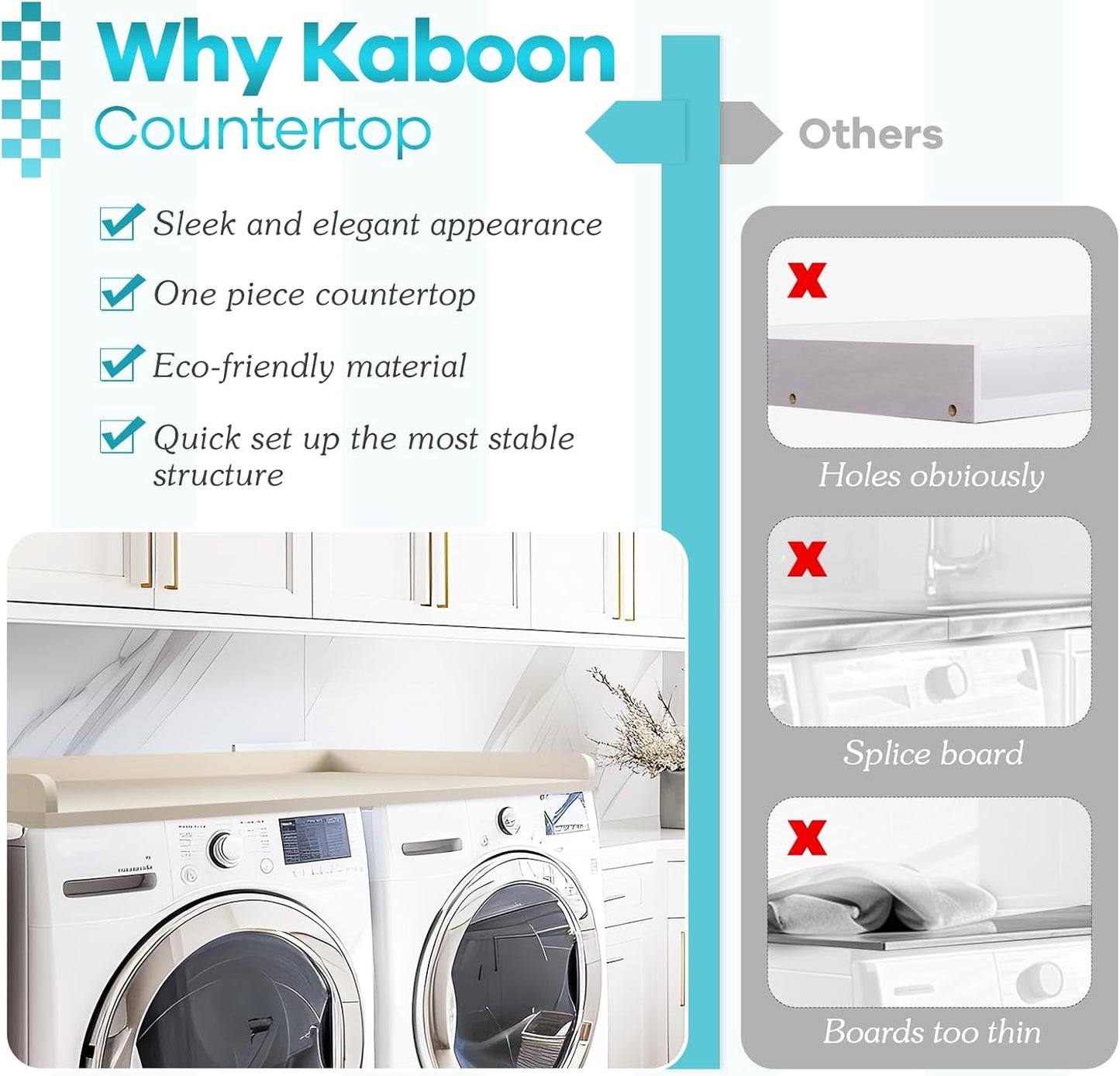 Kaboon Washer Dryer Countertop, Melamine Countertop with Edge Rails - 27.5" Depth x 54" Width Laundry Room Organization, Beige Leather