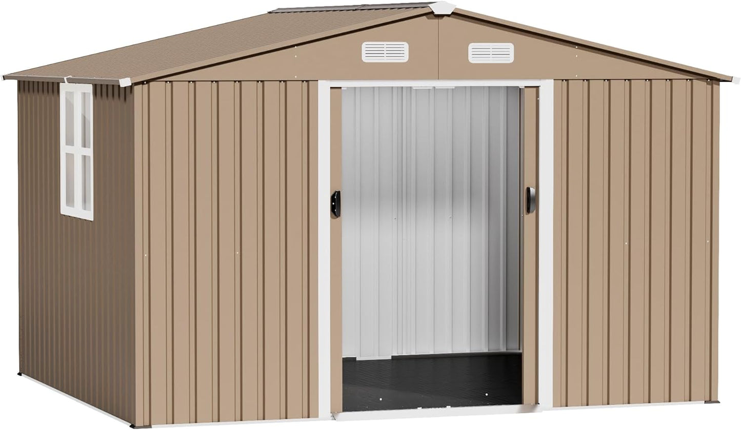 10x8FT Outdoor Storage Shed with Floor & Lockable Sliding Doors,Metal Storage Shed with 1 Air Vents,Waterproof Garden Shed for Backyard,Patio, Lawn,(Brown,Base Included)