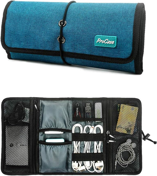 ProCase Electronic Organizer Cord Pouch, Travel Cable Charger Phone Accessories Bag Organizer Roll up Tech Carrying Case for USB Cables SD Memory Cards Earphone Flash Hard Drive -Green