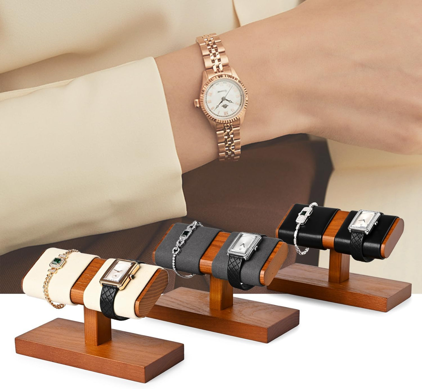 Oirlv Solid Wood Double Watch Display Stand Watch Bracelet Organizer（Grey）