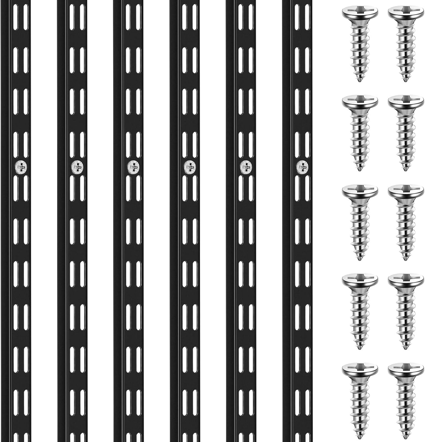 6 Pcs Dual Track Upright Wall Shelving System Heavy Duty Support System Twin Slot Shelf Rail Shelf Standards for Pantries Linen Closets Laundry Rooms(Black,47.5 Inch)