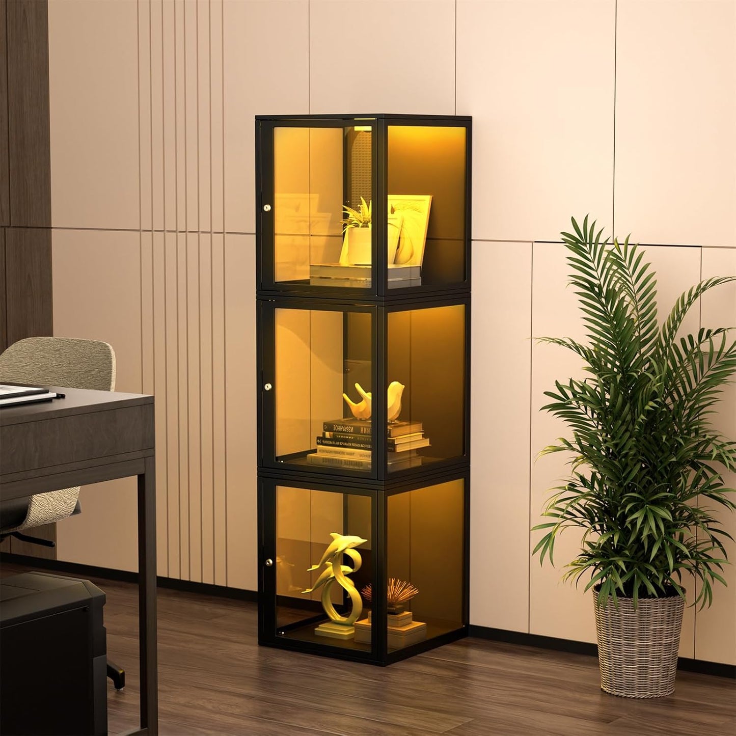 NAIZEA Display Case w/Lock, 17.7"x15.7"x15.7" LED Dustproof Show Case for Collectibles, Figure, Trophy, Display Box for Collectibles Bedroom Living Room Office Game Room,1 Pack