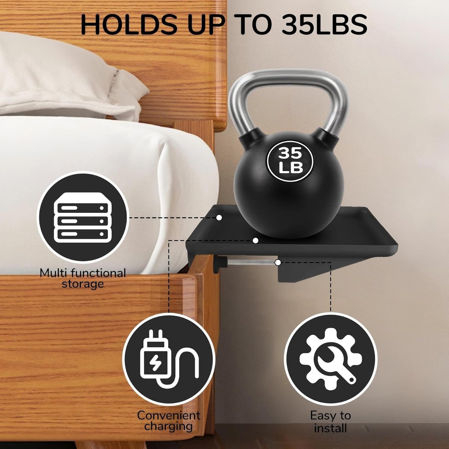 Bedside Shelf for Bunk Beds & Top Bunk, Clip On Nightstand with Cable Catch, White, 35lbs Capacity, College Dorm Room & Kids Room (Black)