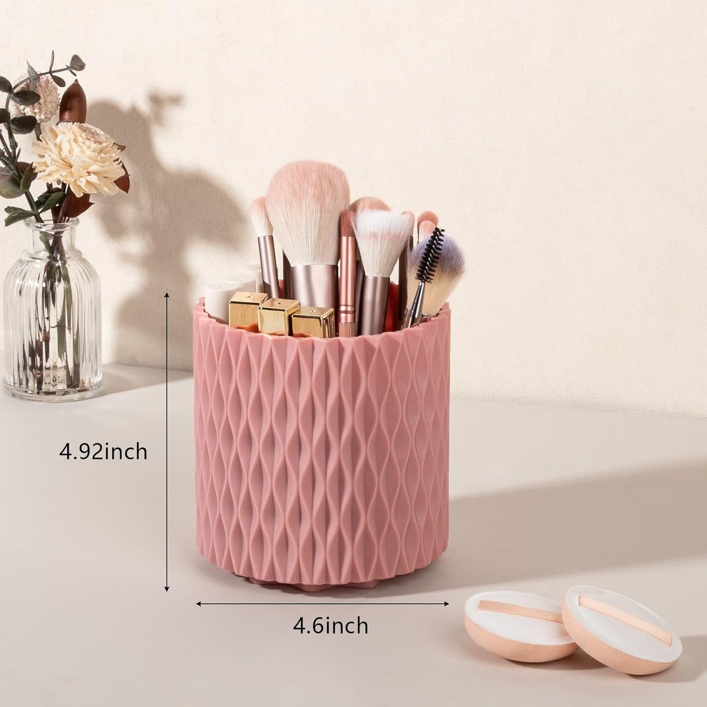 Anyoifax Makeup Brush Holder Organizer 361°Rotating Make Up Brushes Container for Vanity, Spinning Cosmetics Storage Cup, Ripple Pink