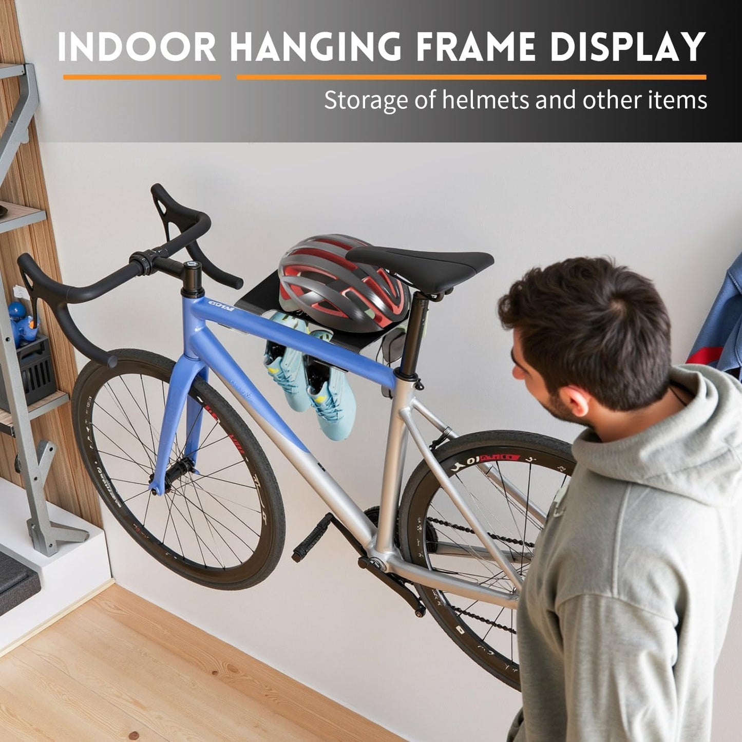 Bike Wall Mount With Shelf, Heavy-Duty Adjustable Bike Hanger, Multifunctional Wall Mount, Hold Up To 66lbs for Horizontal Storage of Road, Hybrid Bikes in Garage, Home, Apartment (Black)