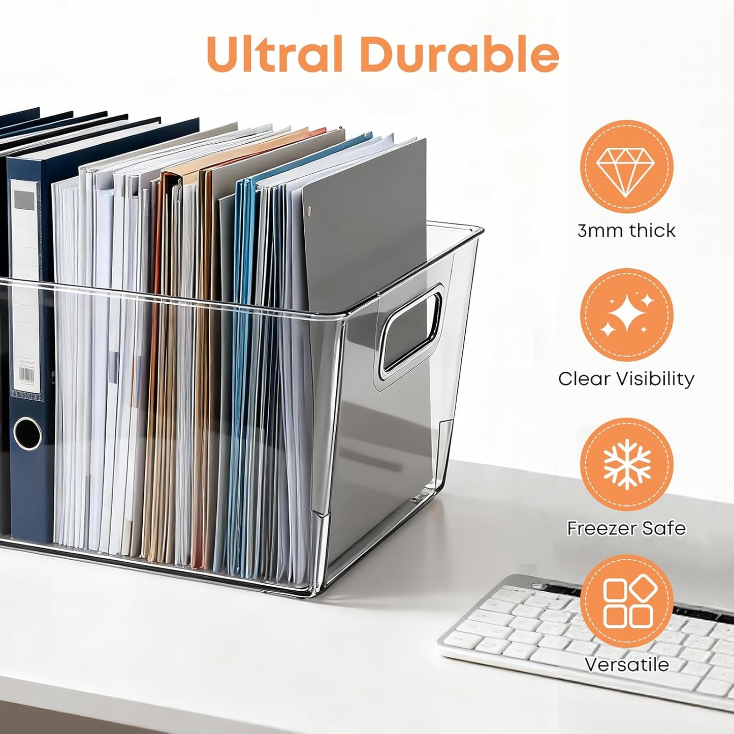 MOONEDGE 4 Pcs Clear Plastic Storage Bins, 11"x8"x6" Food-Grade Stackable Containers with Handles and Open-Top Design, Durable Pantry Organizer for Kitchen, Bathroom, Office, Fridge & Closet