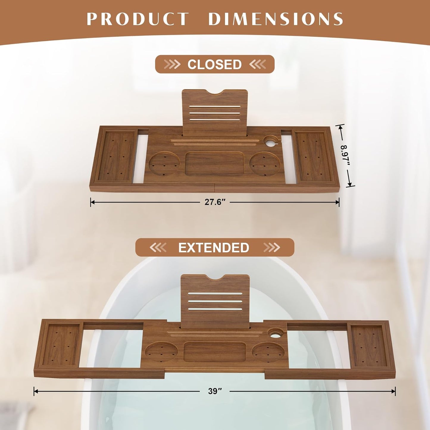 Teak Bathtub Tray, Expandable Wooden Bath Tray for Tub, Luxury Bath Caddy for Bathtub, Birthday & Wedding for Couple Bridal Shower Present, House Warming Gifts New Home