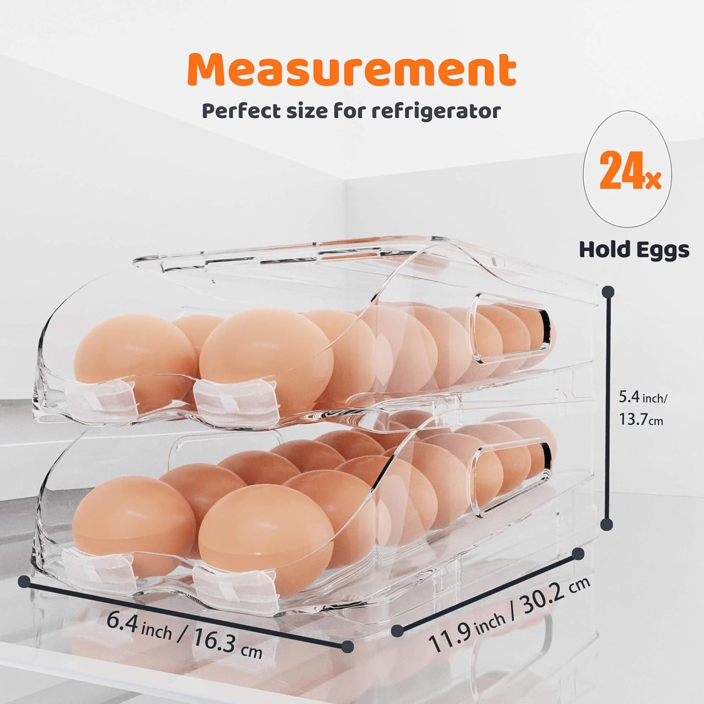 Egg Holder for Fridge, Automatic Steady Rolling Egg Dispenser with Silicone Bumpers & Handle for Refrigerator, Large Capacity Egg Organizer with Lid (2 Tier Holder 24 Eggs (M SIZE))