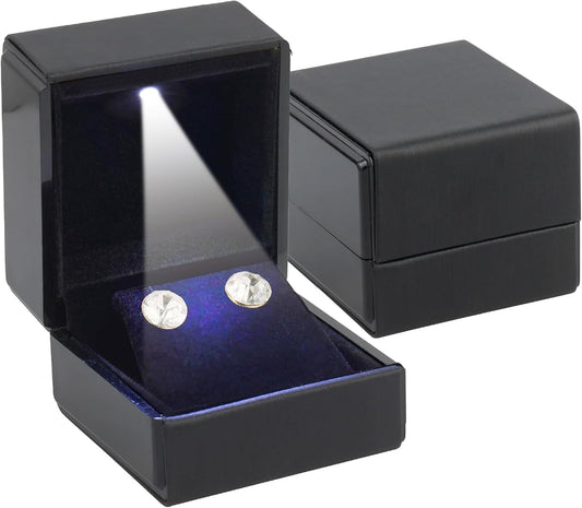 Novel Box Square Shaped Black Earring Box With LED Light 2.25X2X2.5 Inches - Jewelry Earrings Case Best for Jewelry Displays - Gift Box for Mother's Day, Engagement, Anniversary & more Happy Occasions