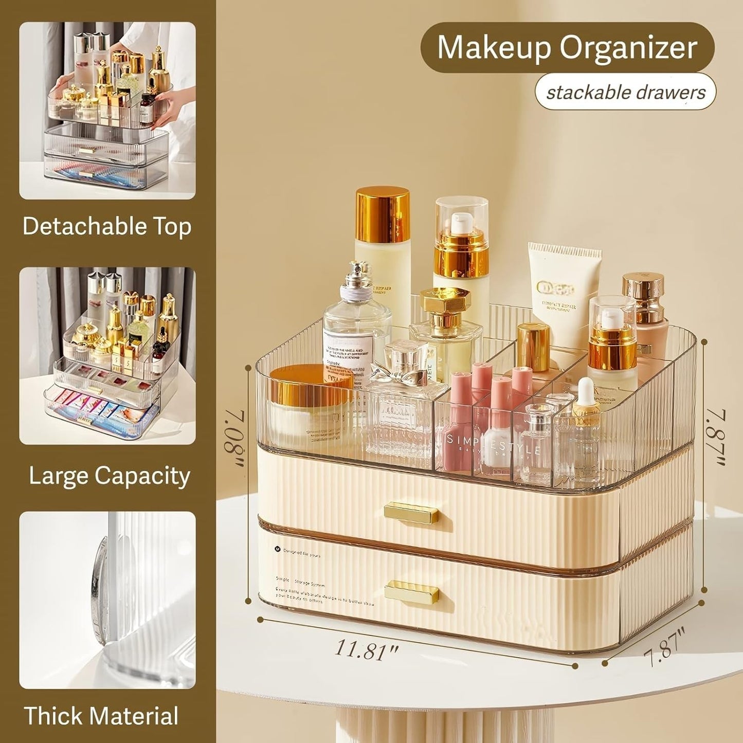 Makeup Organizer with Stackable Drawers, Bathroom Countertop Vanity Organizers and Storage, Ideal for Desk and Dresser, Great for Cosmetics, skin Care, Lipsticks, Nail Care -Cream White