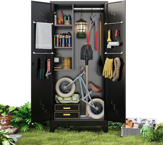 Storage Cabinet 1.4×2.8 FT, Metal Outdoor Sheds for Garden Tool Organization, Heavy Duty Storage Sheds with Lockable Doors and Vents for Backyard, Garden, Patio Lawn