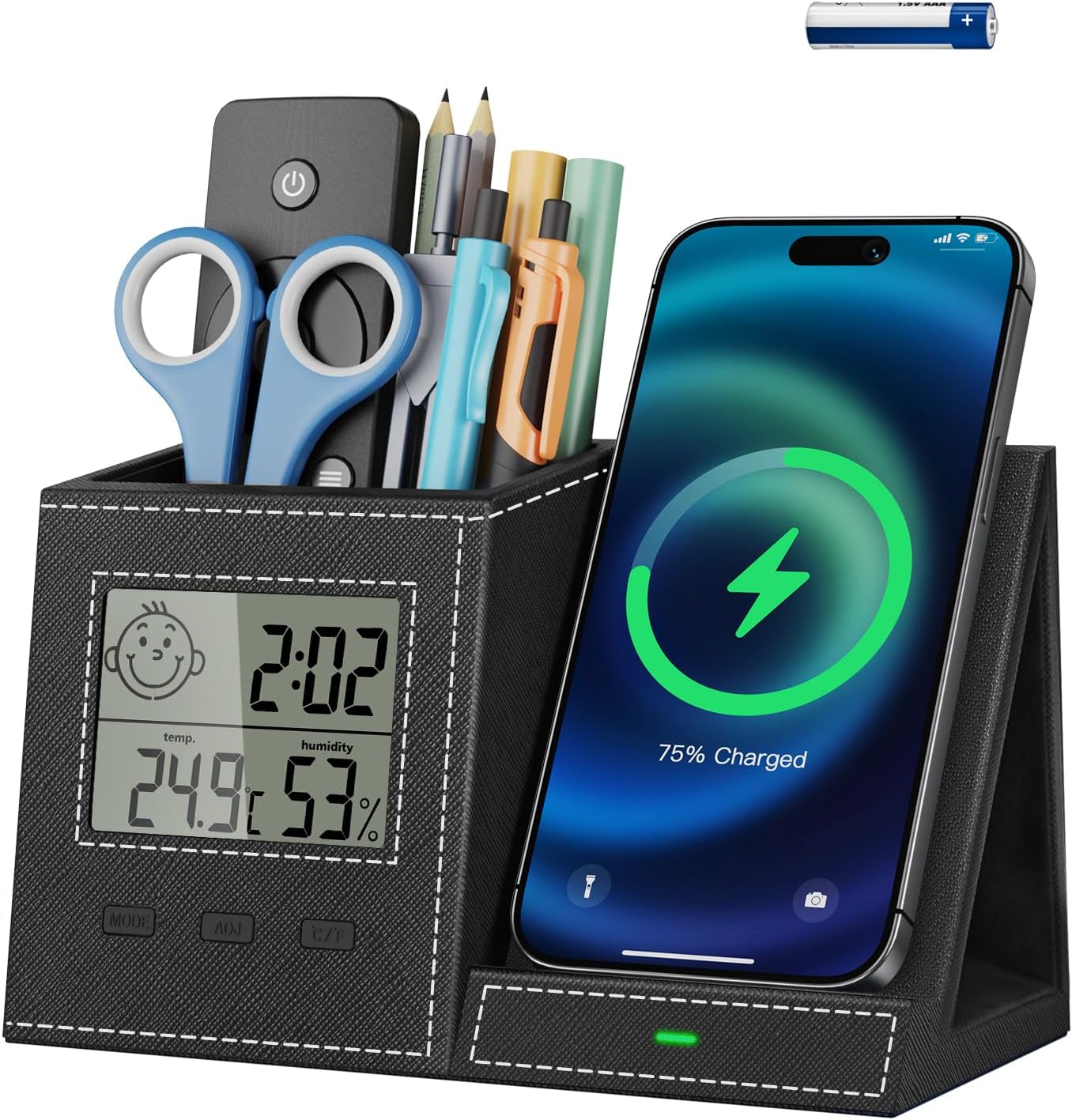 TopMade Wireless Charger with Pen Holder, Leather Desk Nightstand Organizer Home Office Supplies Pencil Holder Fast Charging Station, Digital Thermometer and Humidity Gauge Gifts for Men(Black)