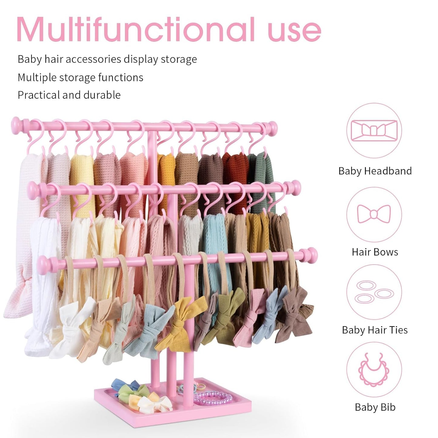 POVETIRE Headband Holder Stand Storage for Baby, 3 Tier Wooden Bow Organizer for Girls Hair Bows, Infant Hair Accessories Rack Display for Nursery Decor
