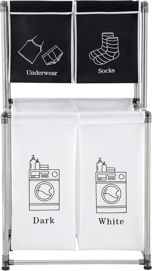 2 Tier Laundry Sorter with 4 Removable Bags for Organizing Clothes - Large Freestanding Laundry Hamper - Laundry Basket for Dirty Clothes in Laundry Room