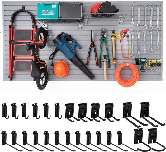 Slatwall Panels 4'x8' Garage Slat Wall Storage Systems with 26 Slatwall Accessories, PVC Grey Slat Wall Paneling for Retail Display, Garage Storage, Guitar Shop, Home Storage