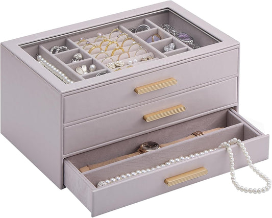Lolalet Jewelry Box Organizer, 3-Layer Jewelry Organizers and Storage Case with Glass Lid, Ring Earring Bracelet Necklace Holder Organizer, Birthday Christmas Gifts for Women Girls -3Layer, HazePurple