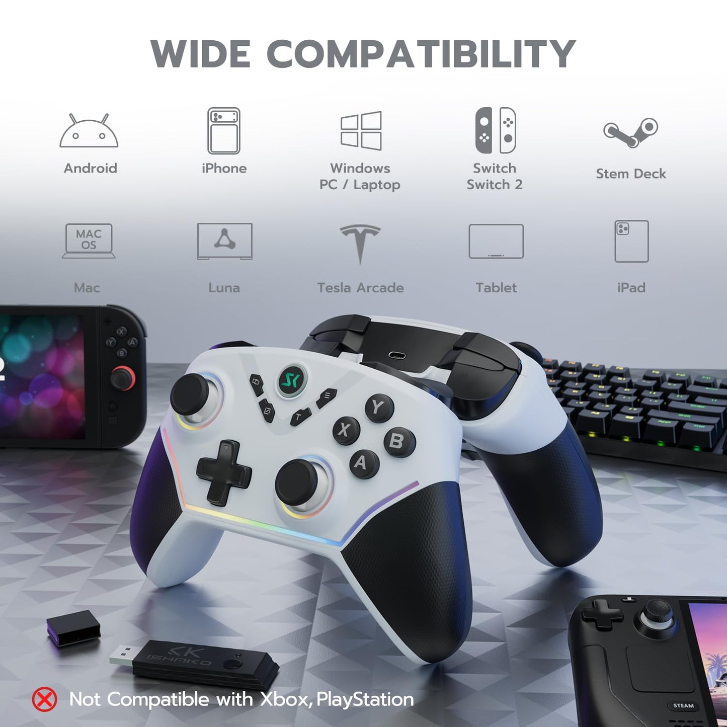 ISHAKO Wireless PC Controller – Gaming Controller with Hall Effect Joysticks, 3-Stage Hall Triggers, 1200mAh Battery, 1000Hz Polling, 4 Back Buttons, RGB Lighting, 1200mAh Battery – Works with Windows, Mac, Steam, Luna, Tesla, iOS, Android, Switch- White