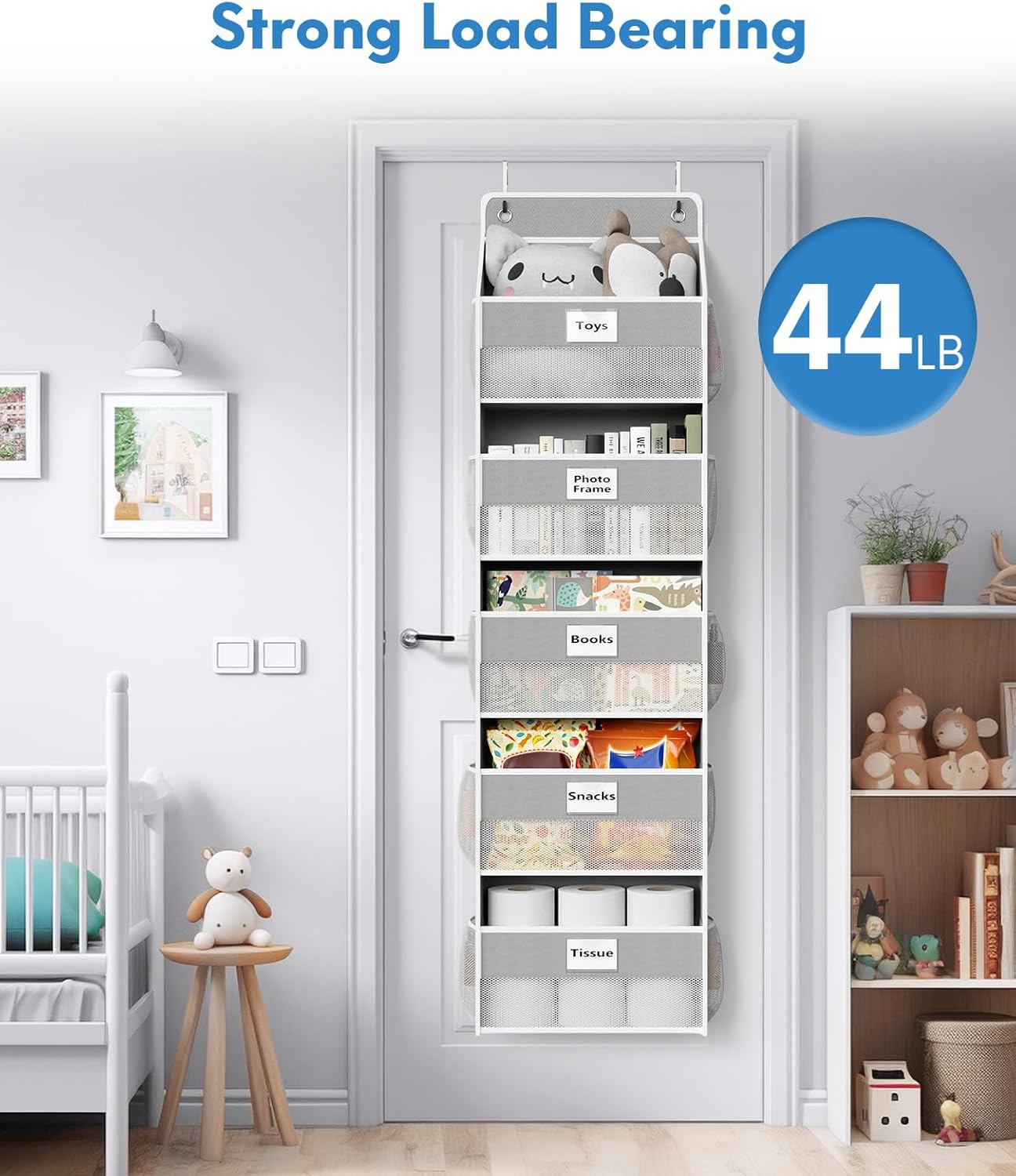 Over The Door Organizer Hanging, 5 Shelf Behind The Doors Storage, Pantry Door Organizer, Closet Organizers for Bedroom and Nursery (Grey)