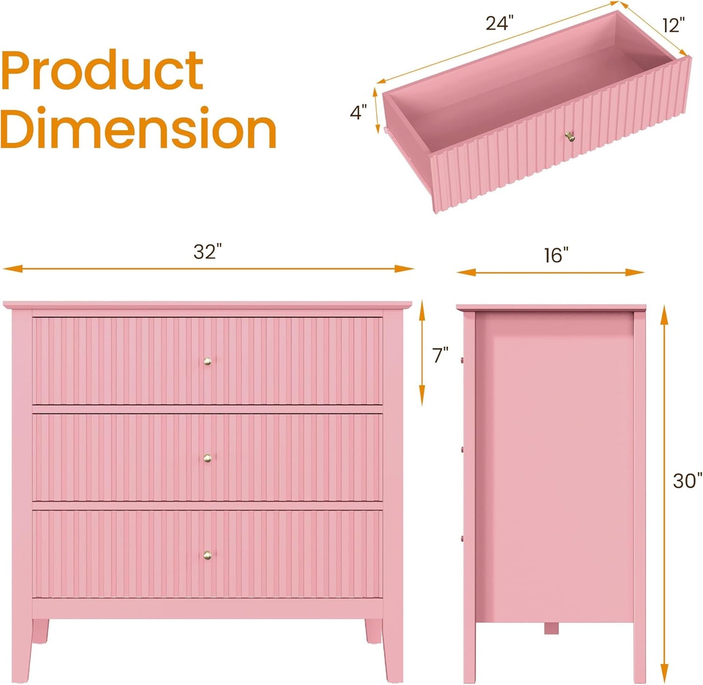 RoyalCraft Fluted 32 inch Wide Nightstand Set of 2, Large Pink Nightstand with 3 Drawer, Modern End Table, Wood Beside Table for Home and Office