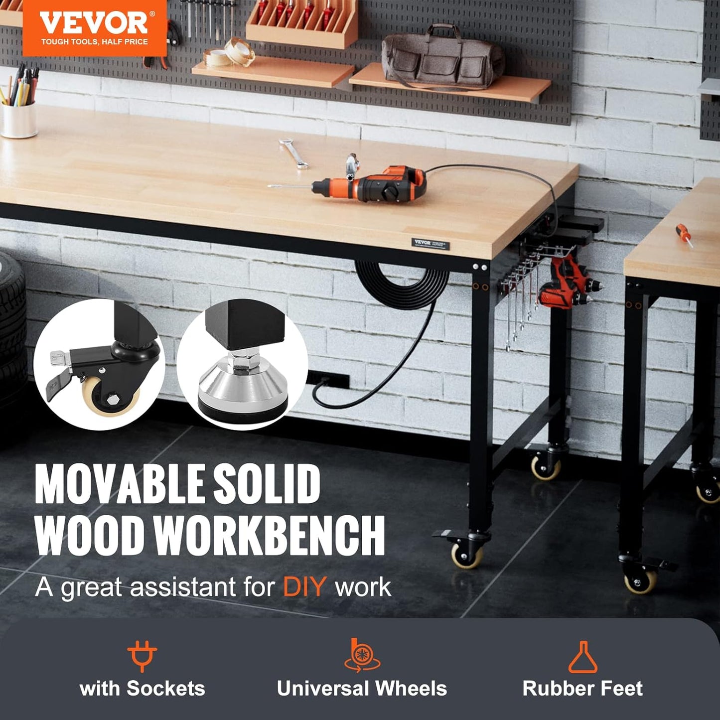VEVOR Workbench for Garage 72" Adjustable Workbench, Heavy-Duty Hardwood Worktable with Universal Wheels, 3000 LBS Load Capacity, with Power Outlets, for Workshop, Garage, Office and Home