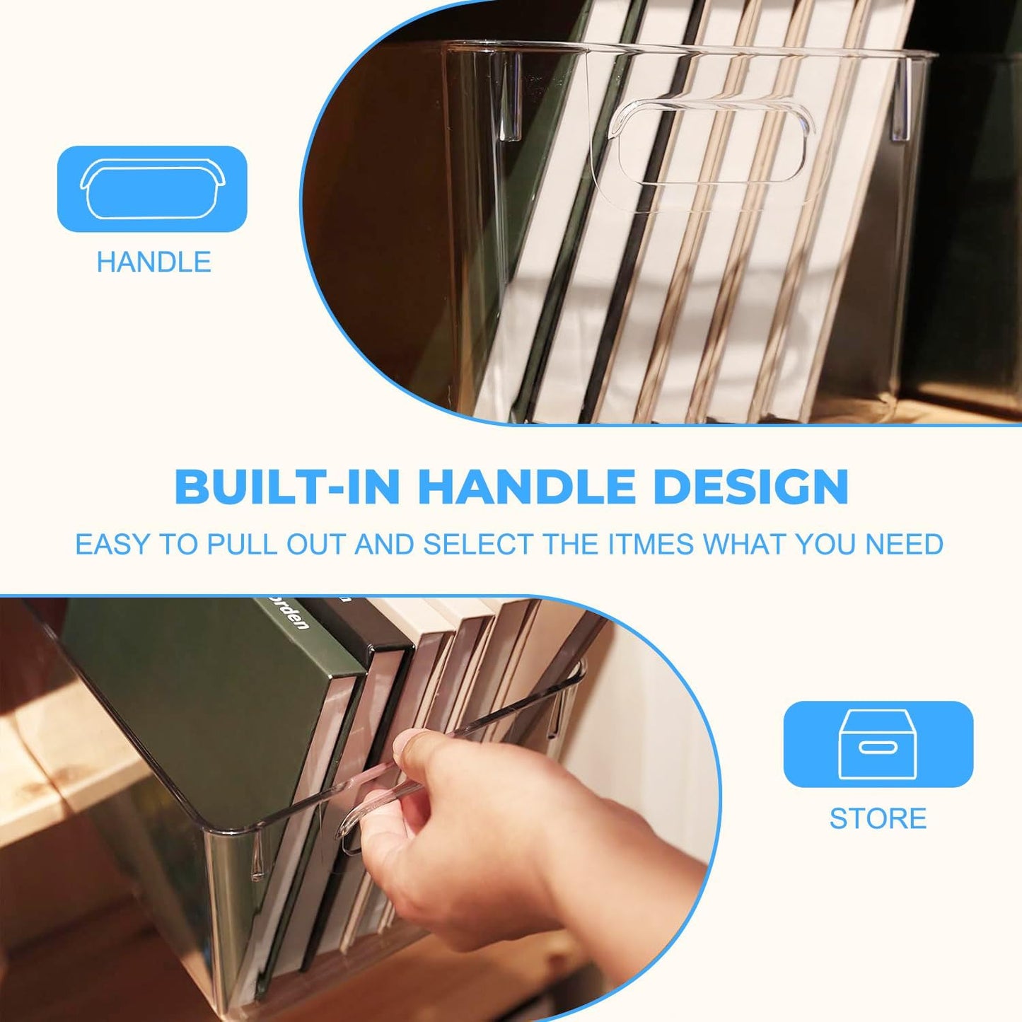 MOONEDGE 4 Pack Open Clear Plastic Storage Bins 11"x8"x6" Stackable Organizer Containers with Handle for Kitchen, Pantry, Fridge, Bathroom,Cabinet,Closet Storage