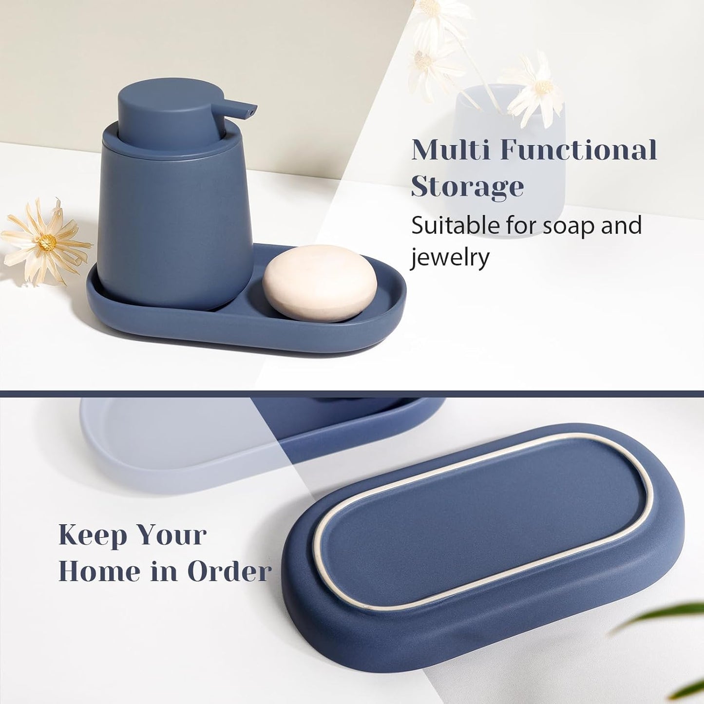 INGOFIN 3 Pcs Ceramic Bathroom Accessory Set - Liquid Soap Dispenser, Toothbrush Holder & Tray, Bathroom Counter Set, Countertop Essentials for Home, Guest Bathroom, or Office Use, Matte Blue